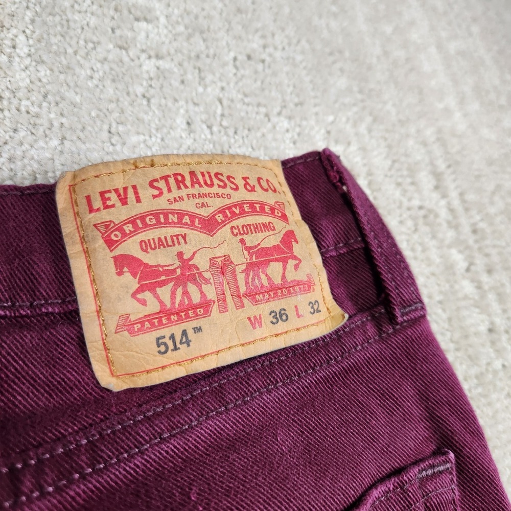 Levis 514 Jeans Men 36x32 Straight Leg Regular Fit Maroon Denim Stretch - Picture 3 of 13